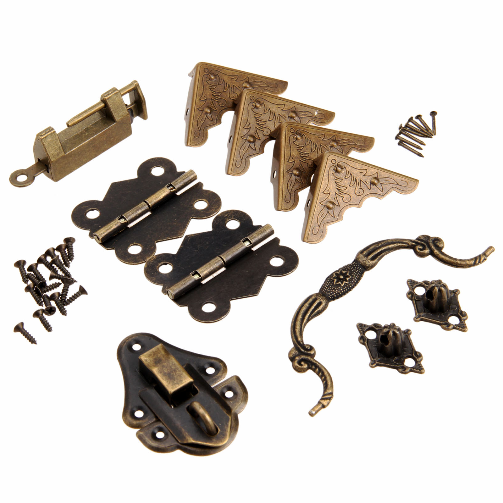 Furniture Hardware China - 9ピース/セット家具継手中国真鍮ハードウェアアンティーク木製ボックスラッチマスププルハンドルヒンジコーナープロテクター古いロック