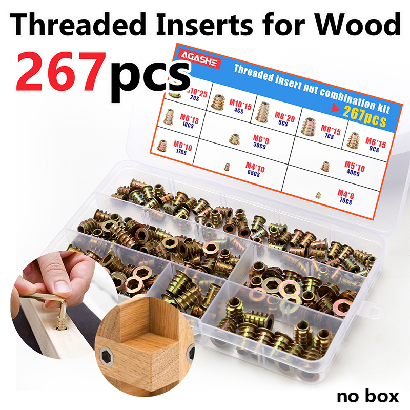 Furniture Hardware Threaded Inserts - 267個の六角ドライブねじ込み式インサートナット、各種サイズ、亜鉛合金ねじ込み式ファスナー、木製家具用防食ハードウェア